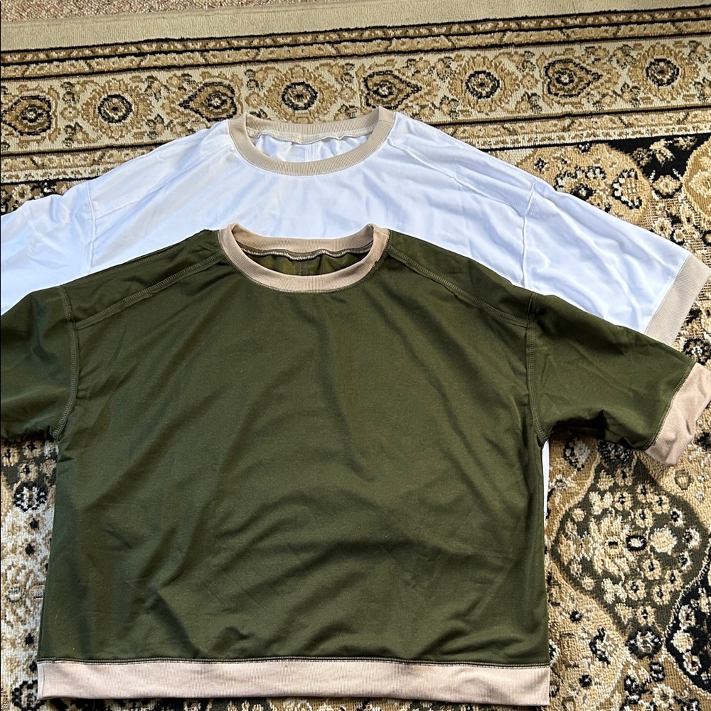 Green and White Short Sleeve Tops with Tan Trim